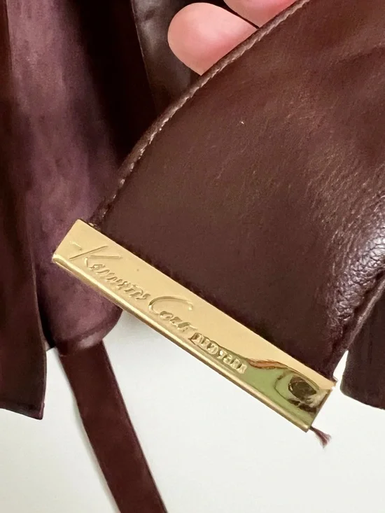 Kenneth Cole Vegan Leather Belted Trench Coat Brown Luxe Minimalist Jacket Sz L - Picture 11 of 15